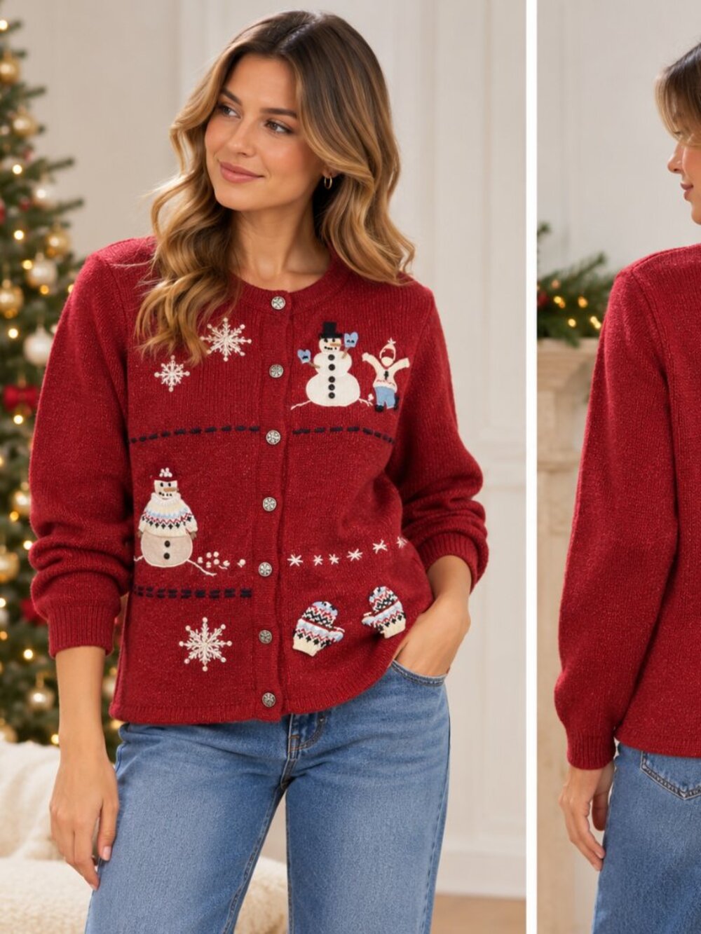 Northern Reflections Vintage Christmas Snowman Cardigan Size M – Red Holiday